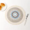 Bohemian mandala placemat met blauwe bladmotieven en franjes op witte achtergrond - 33CM / Creatief Patroon 4