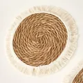 Round natural straw woven coaster with bohemian style white cotton fringe tassels - Tassel Basic (25)