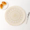 Round woven mandala coaster with yellow bohemian print and fringe tassels - Creative Pattern 8