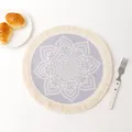 Purple mandala woven coaster with cream fringe in a Bohemian dining table setting - Creative Pattern 9