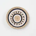 Minimalist woven wall decor featuring natural, black, and white circular fiber patterns - A7