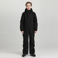 Waterproof black one-piece ski suit for kids with windproof hood and thermal padding - 130 / Black