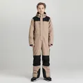 Kids khaki and black waterproof one-piece ski suit with reinforced knee patches - 130 / Khaki