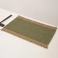 Rectangular woven olive green placemat with natural wooden fringe and tassels - 45*30cm / Green Paper Linen Splicing