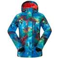 Women's waterproof ski jacket with nebula star print and insulated hood for winter sports - Blue Starry Sky (082)