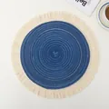 Navy blue round ramie placemat with cream fringe detail and woven spiral texture - Blue Tassel