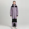 Kids lavender and black waterproof one-piece ski suit for winter outdoor sports - Grey Purple