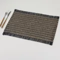 Brown and black woven table mat with fine fringe border and wooden handle cutlery - 45*30cm / Linen + Black Paper