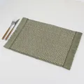 Olive green woven rectangular placemat with tassel edges and wooden handle cutlery - 45*30cm / Beige + Green Paper
