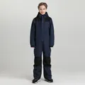 Kids navy blue one-piece ski suit with windproof hood and durable reinforced knee patches - Navy Blue