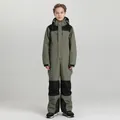 Children's one-piece ski suit in olive green and black拼接 with windproof hood - Army Green