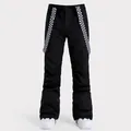 Waterproof black ski bib pants with checkerboard straps for outdoor snowboarding - Black