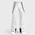 Waterproof white ski bib pants with checkered suspenders and reinforced inner cuffs - M / Bottoms / White