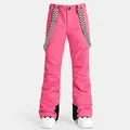 Pink waterproof ski bib pants with checkered suspenders and anti-wear patches for winter - XS / Bottoms / Pink