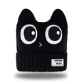 Thick black knitted ski hat featuring cute cat ears and large cartoon eye embroidery - One Size / Black