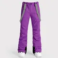 Purple waterproof ski pants with checkerboard suspenders and reinforced cuffs - XS / Bottoms / Purple