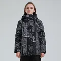 Dames skijas met zwart-witte paisley print, waterdicht met capuchon en opstaande kraag - Zwart Wit Paisley Print (926)
