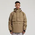 Front view of khaki waterproof hooded ski jacket with large flap pocket and half-zipper - S / Dark Brown