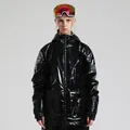 Glanzend zwarte waterdichte ski-jas met capuchon en armpatch voor dames en heren - XL / Zwart