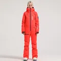 Professional red one-piece women's snowboarding suit with hood and waterproof fabric - XS / Top And Bottom / Orange Red