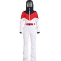 Tuta da sci intera da donna slim fit con cappuccio, design color block blu, rosso e bianco - XS / Top E Pantaloni / Bianco