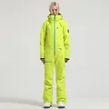 Fluorescent green women's one-piece ski suit with blue zippers and waterproof hooded design - XS / Top And Bottom / Neon Yellow