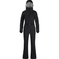 Slim fit women's one-piece ski suit in matte black with adjustable waist belt and hood - XS / Black