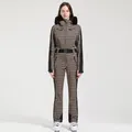 Combinaison de ski femme cintrée à motif pied-de-poule avec capuche en fourrure noire - XS / Ensemble (Style 2313) / Pied-de-poule Marron