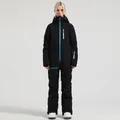 Women's black one-piece snowboard suit with sky blue zippers and waterproof hood - Black