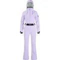 Lavender slim-fit women's one-piece ski suit with adjustable hood and black waist belt - XS / Light Purple