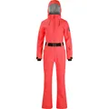 Women's slim fit coral red one-piece ski suit with adjustable black waist belt - XS / Watermelon red