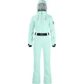 Slim fit mint green one-piece ski suit with black waist belt and hooded design - XS / Light Blue
