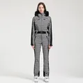 Combinaison de ski femme une pièce à motif pied-de-poule noir et blanc avec col en fourrure - XS / Ensemble (Style 2313) / Pied-de-poule Blanc