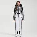 Women's ski suit set with houndstooth patterned jacket and slim white waterproof pants - M / Top And Bottom / 361-Houndstooth White