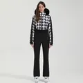 Women's houndstooth ski suit set with black fur hood and slimming waist belt for winter - L / Top And Bottom / 362-Houndstooth Black