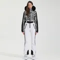 Women's leopard print one-piece ski suit with black fur hood and white pants - XS / Top And Bottom / 363-Leopard White