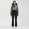 Women's professional ski suit set featuring leopard print jacket and black pants - 364-Leopard Black