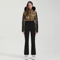 Slim fit women's leopard print one-piece ski suit with black faux fur hood and belt - XS / Top And Bottom / 365-Yellow Leopard