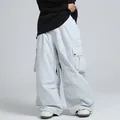 Loose fit light gray waterproof ski pants with cargo pockets and drawstring waist detail - XS / Bottoms / White