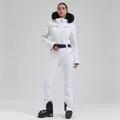 Women's professional white one-piece ski suit with quilted jacket and black fur hood - XS / Top And Bottom / White