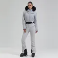 Women's light grey hooded ski suit with quilted texture, black fur collar and belt - XL / Top And Bottom / Light Gray