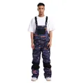 Men's blue flame print waterproof ski bib with black reinforced knee patches and adjustable straps - S / Camouflage