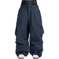 Oversized navy blue waterproof ski pants with double waistband and cargo pockets - Navy Blue