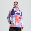 Women's padded ski jacket featuring artistic abstract ink-dye print in purple and orange - S / Purple Abstract Print (051)