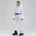 Slim fit white one-piece women's ski suit with white fur collar and black belt detail - XS / Top And Bottom / White