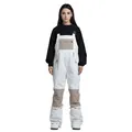 Women's white waterproof ski bibs with tan quilted patches and adjustable black straps - XS / Bottoms / Beige & Khaki