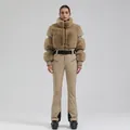 Women's khaki winter ski suit with faux fur jacket and slim-fit outdoor pants - Khaki