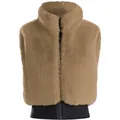 Women's winter faux fur vest in camel brown with stand collar and ribbed hem - XS / Khaki