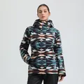 Women's padded ski jacket featuring geometric patchwork pattern in brown and teal - XS / Geometric Color Block Print (053)