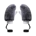 Winter women mittens in dark grey faux fur with quilted palm and anti-loss lanyard - M / Grayish White